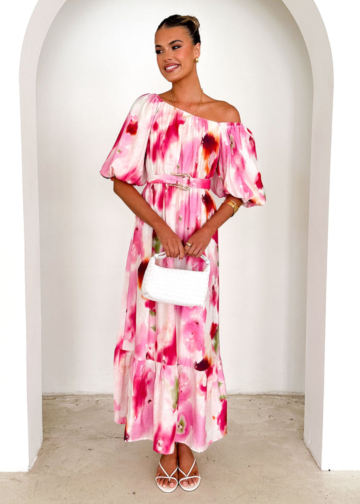 Hayley™ | Off Shoulder Midi Dress - Pink Watercolour