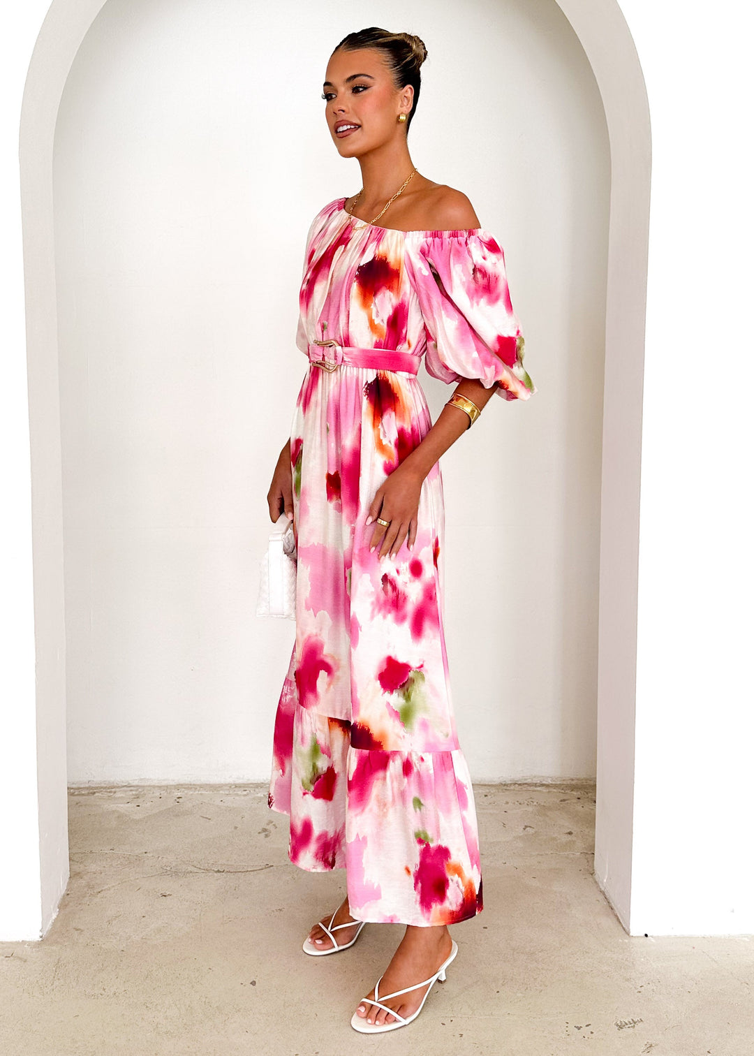Hayley™ | Off Shoulder Midi Dress - Pink Watercolour
