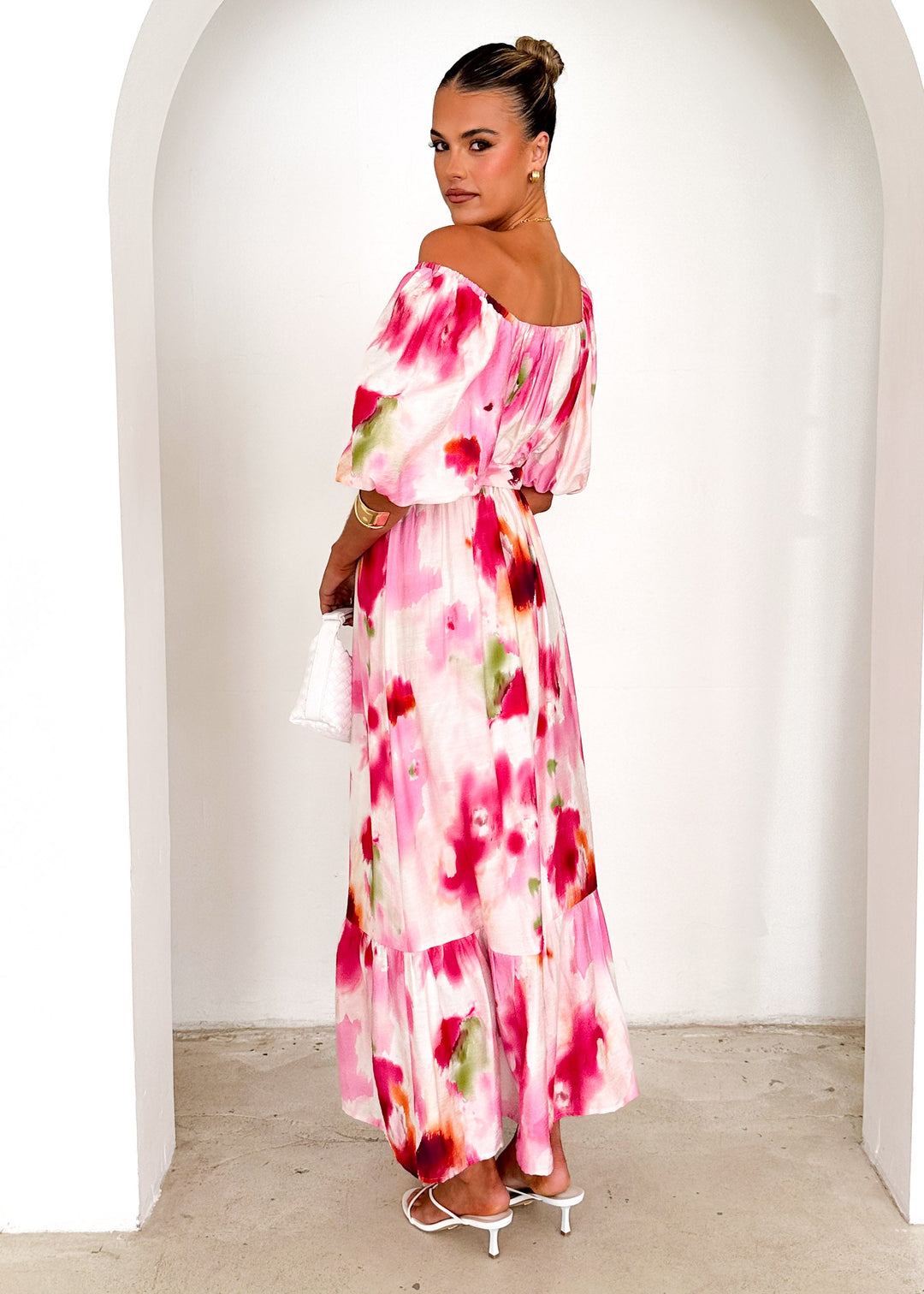 Hayley™ | Off Shoulder Midi Dress - Pink Watercolour