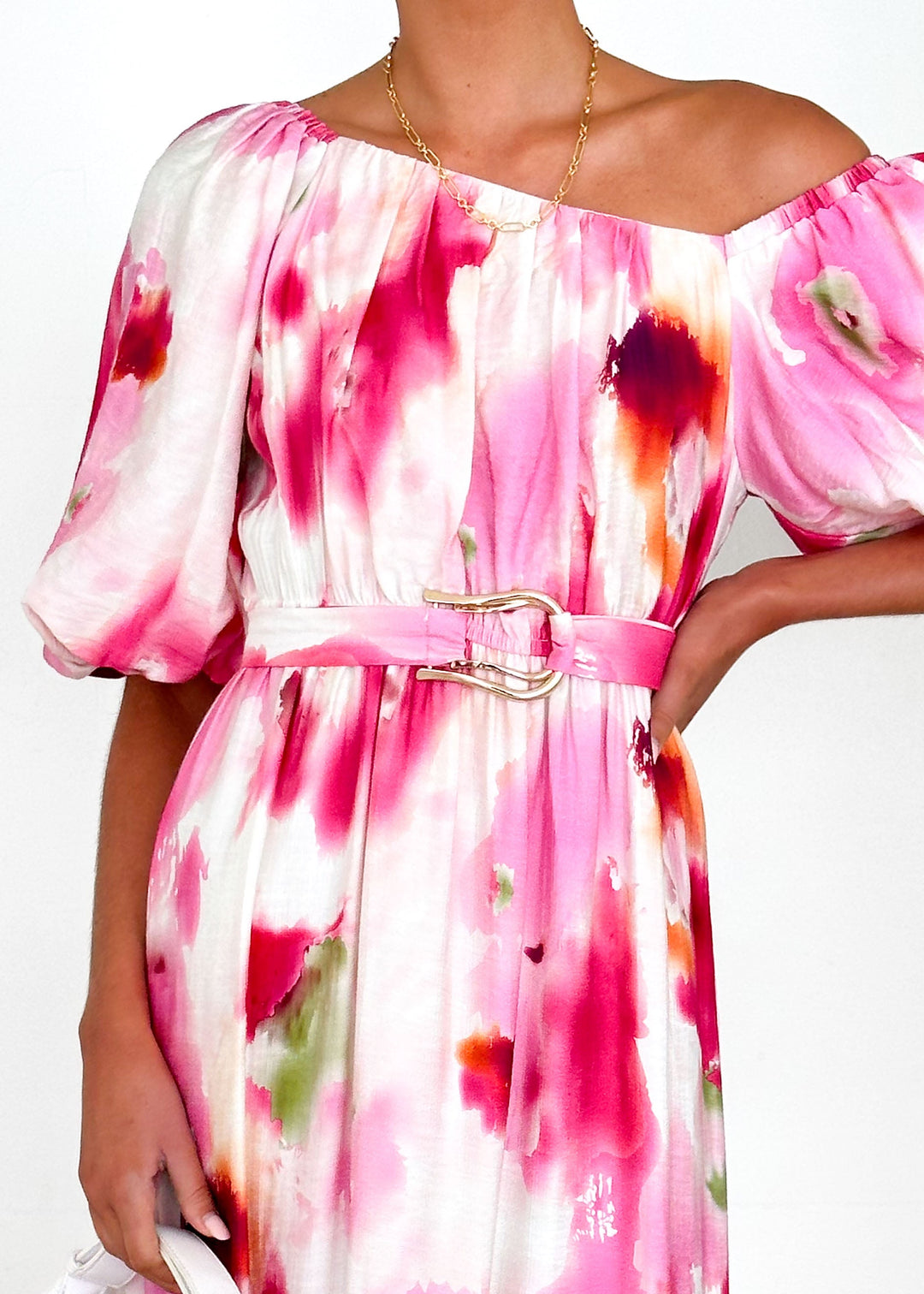 Hayley™ | Off Shoulder Midi Dress - Pink Watercolour