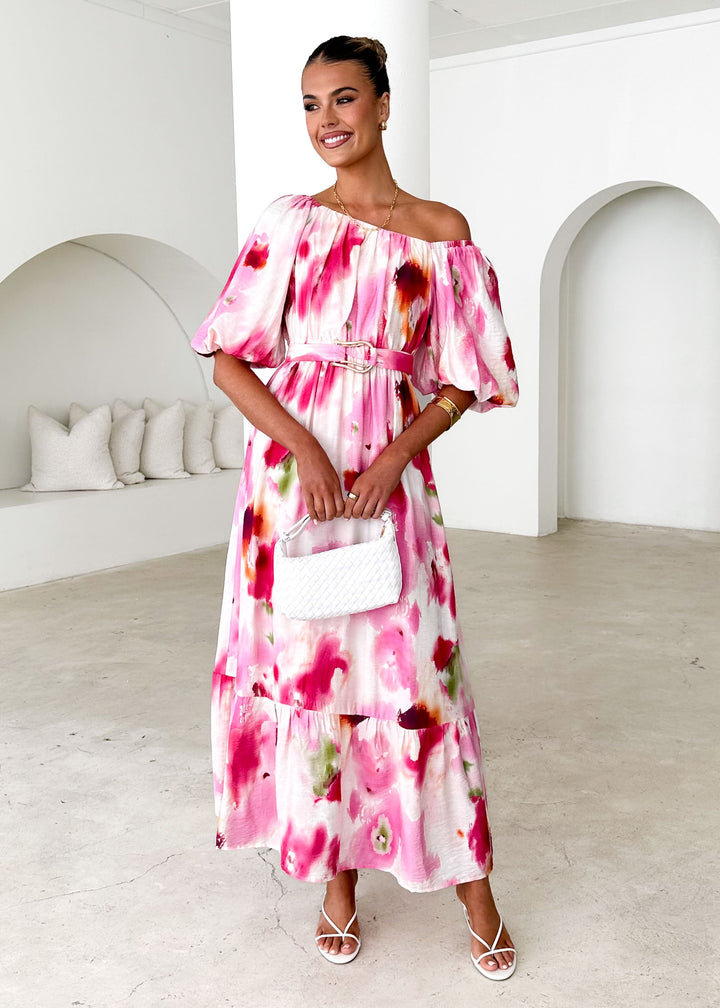 Hayley™ | Off Shoulder Midi Dress - Pink Watercolour