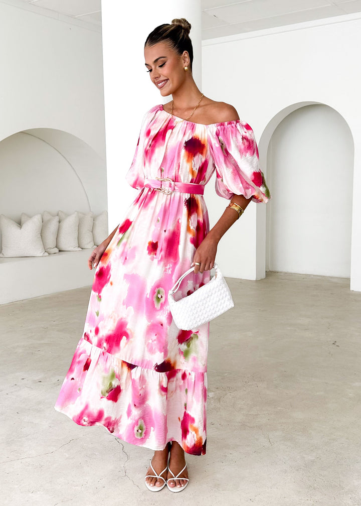 Hayley™ | Off Shoulder Midi Dress - Pink Watercolour
