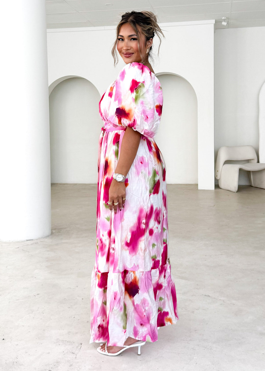 Hayley™ | Off Shoulder Midi Dress - Pink Watercolour