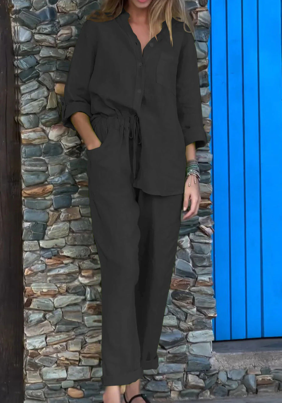 Amara™ | Casual Solid Color V-Neck Shirt & Pants Cotton Linen Two-Piece Set