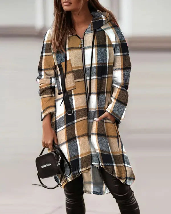Chelsey | Plaid Oversized Hooded Shacket with Full Zip and Pockets