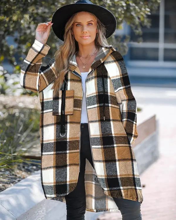 Chelsey | Plaid Oversized Hooded Shacket with Full Zip and Pockets