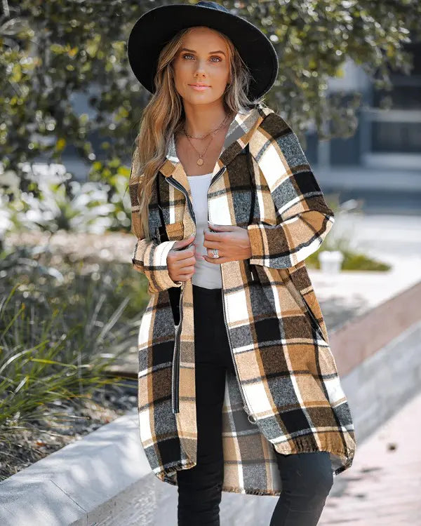 Chelsey | Plaid Oversized Hooded Shacket with Full Zip and Pockets