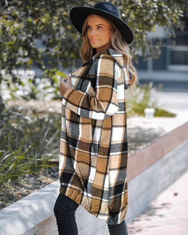 Chelsey | Plaid Oversized Hooded Shacket with Full Zip and Pockets
