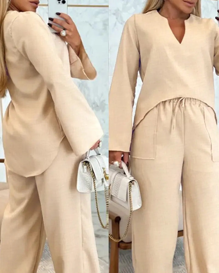 Alexa | Notch Neck Long Sleeve Asymmetrical Top & Stretchy Waist Pants Lounge Set