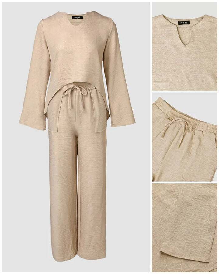 Alexa | Notch Neck Long Sleeve Asymmetrical Top & Stretchy Waist Pants Lounge Set