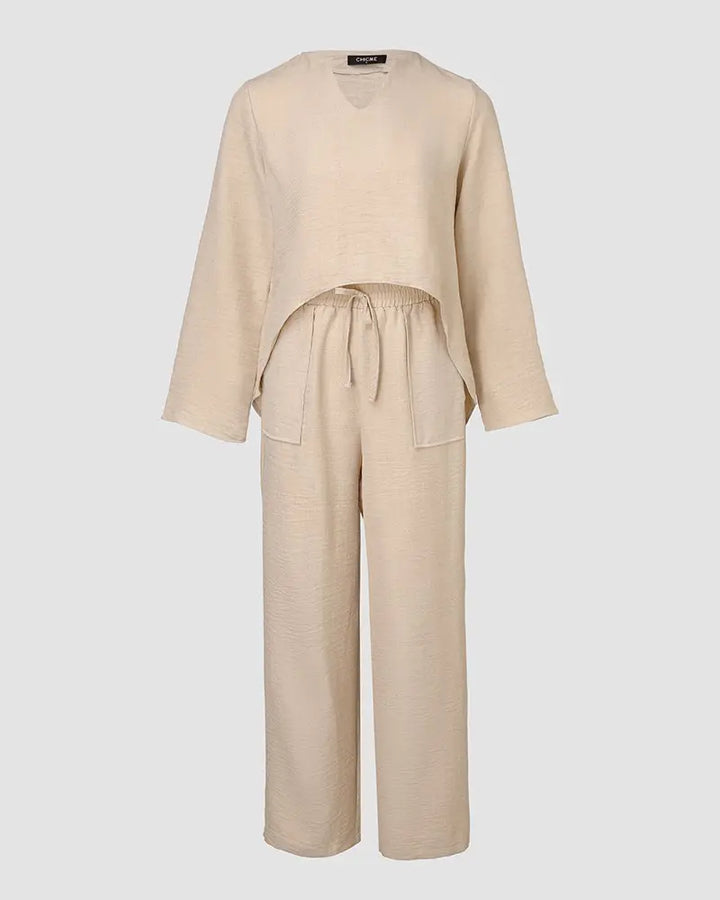Alexa | Notch Neck Long Sleeve Asymmetrical Top & Stretchy Waist Pants Lounge Set