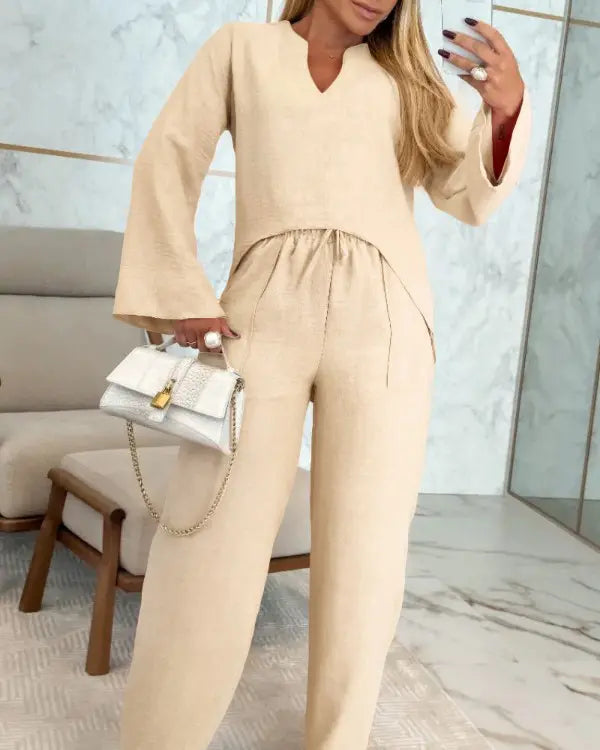 Alexa | Notch Neck Long Sleeve Asymmetrical Top & Stretchy Waist Pants Lounge Set