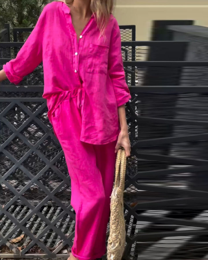 Amara™ | Casual Solid Color V-Neck Shirt & Pants Cotton Linen Two-Piece Set