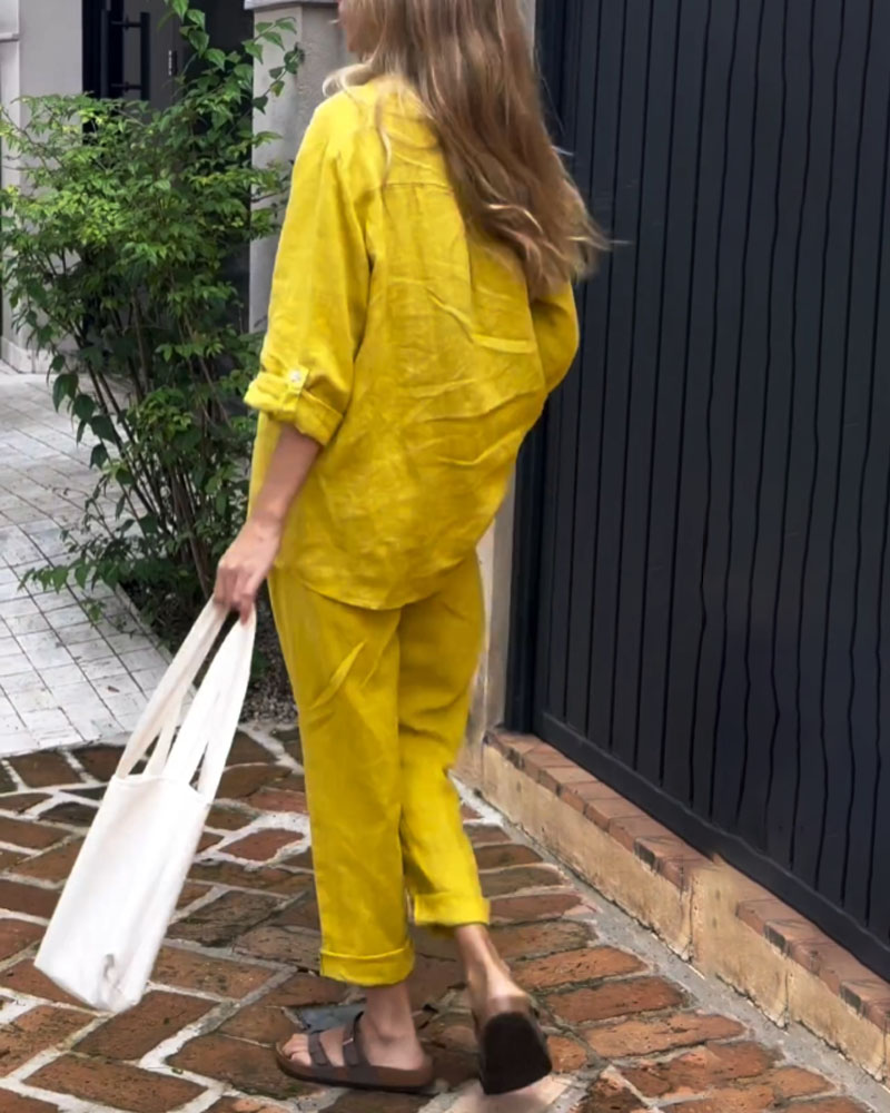 Amara™ | Casual Solid Color V-Neck Shirt & Pants Cotton Linen Two-Piece Set