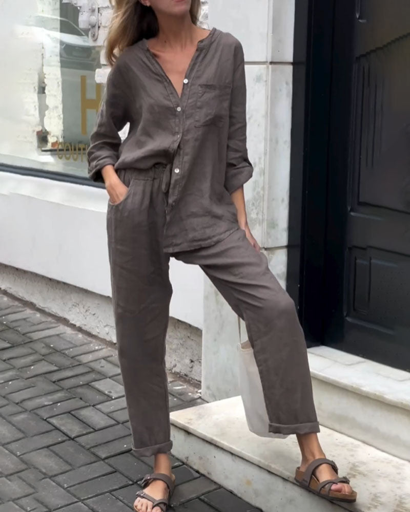 Amara™ | Casual Solid Color V-Neck Shirt & Pants Cotton Linen Two-Piece Set