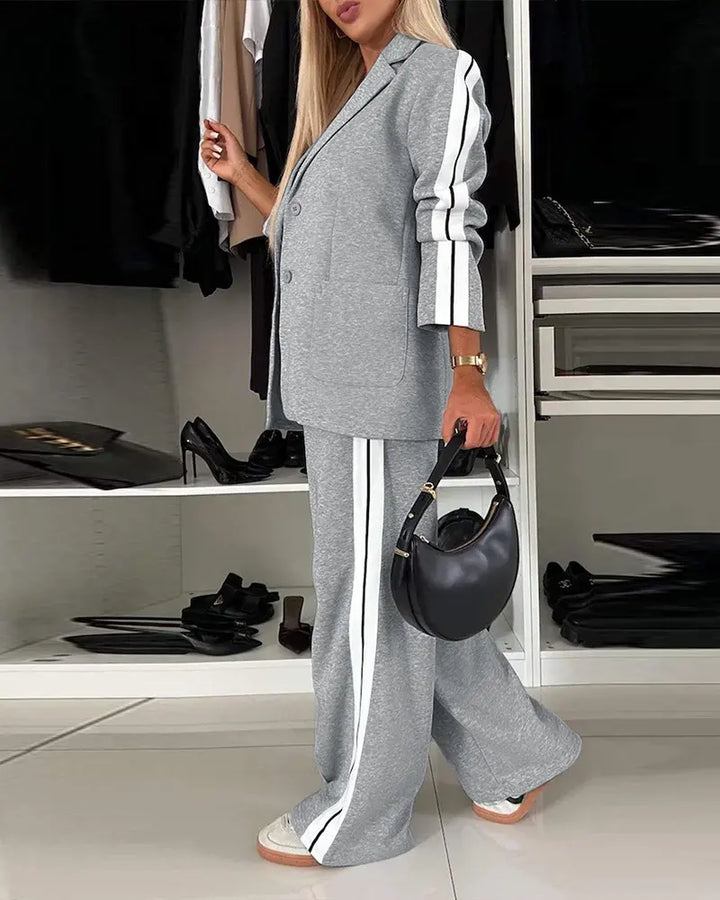 Avaia | Striped Tape Notched Collar Blazer & Wide-Leg Pants Set