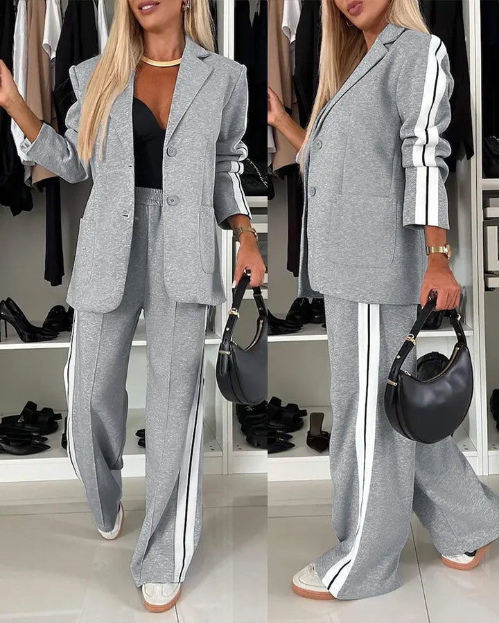 Avaia | Striped Tape Notched Collar Blazer & Wide-Leg Pants Set