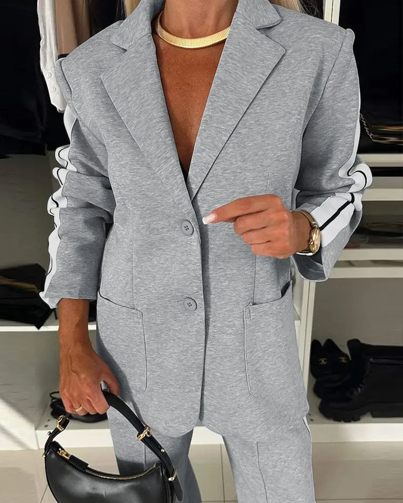 Avaia | Striped Tape Notched Collar Blazer & Wide-Leg Pants Set