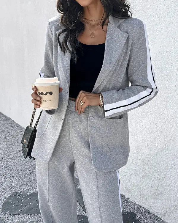 Avaia | Striped Tape Notched Collar Blazer & Wide-Leg Pants Set
