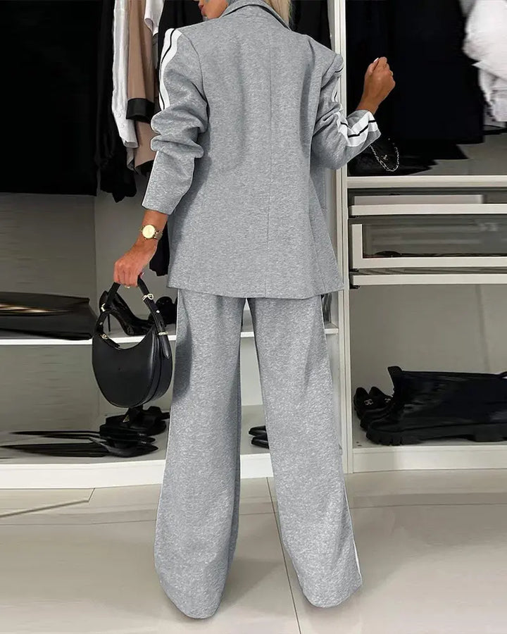Avaia | Striped Tape Notched Collar Blazer & Wide-Leg Pants Set