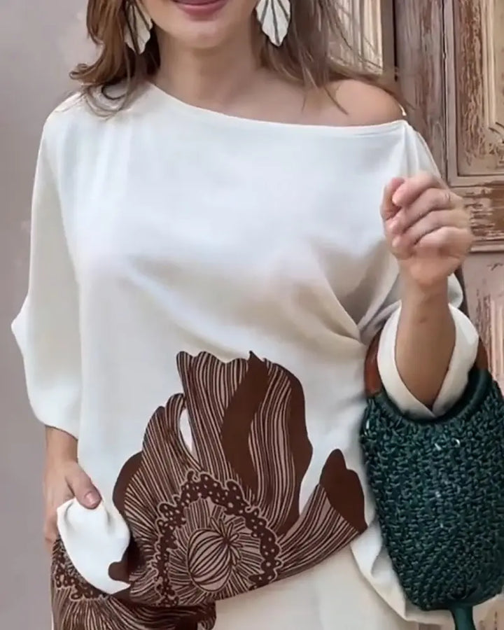 Seyran | Floral Print Skew Neck Batwing Sleeve Top & Loose Fit Straight Leg Pants Set