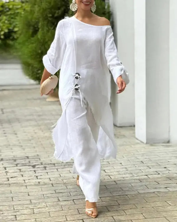Grace | Slit Top and Casual Wide Leg Pants Set