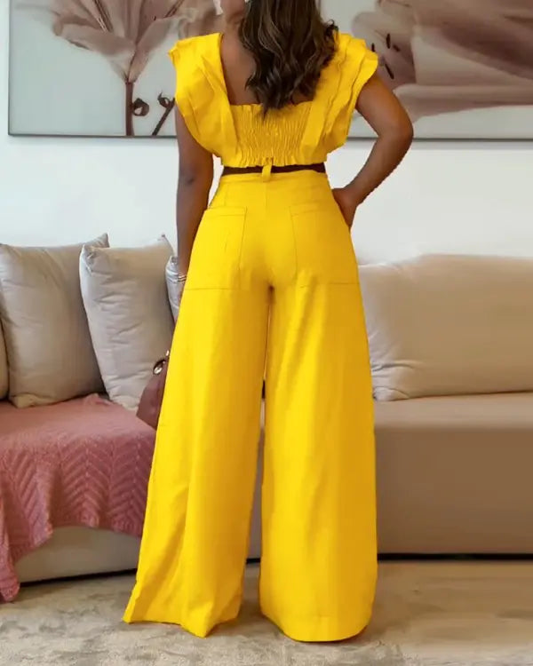 Sophia | Square Neck Flutter Sleeve Top & High Waist Wide Leg Pants Set