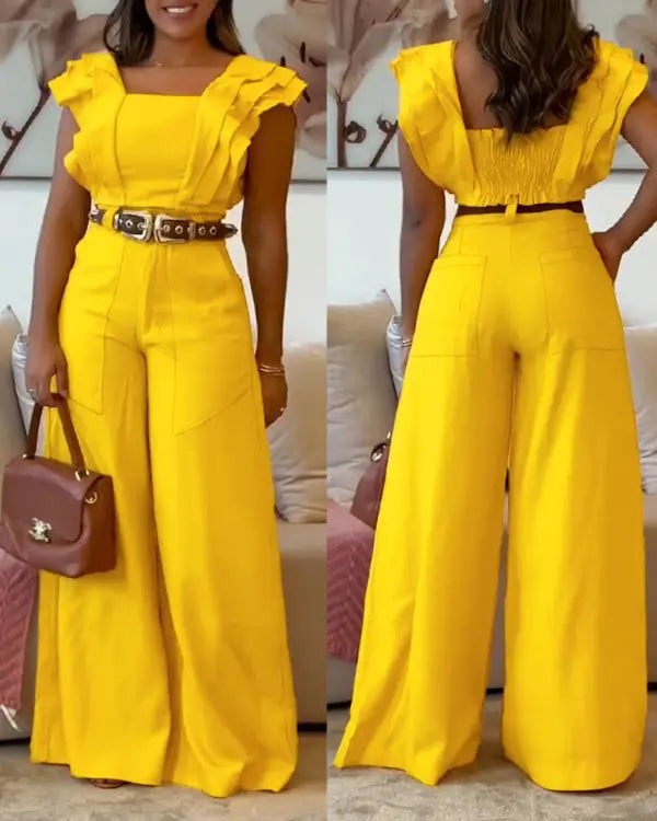 Sophia | Square Neck Flutter Sleeve Top & High Waist Wide Leg Pants Set