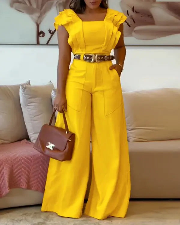 Sophia | Square Neck Flutter Sleeve Top & High Waist Wide Leg Pants Set