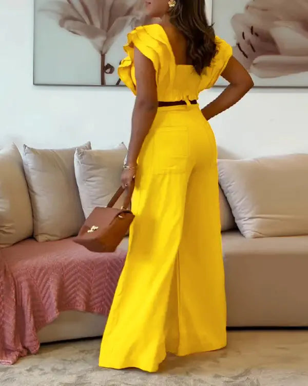 Sophia | Square Neck Flutter Sleeve Top & High Waist Wide Leg Pants Set
