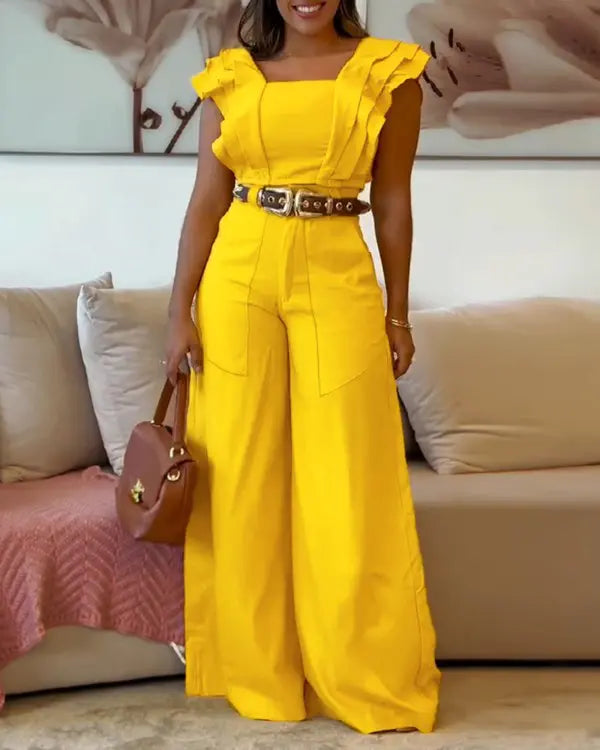 Sophia | Square Neck Flutter Sleeve Top & High Waist Wide Leg Pants Set