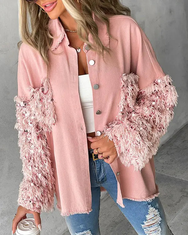 Maya | Contrast Sequin Tassel Fuzzy Patchwork Shacket