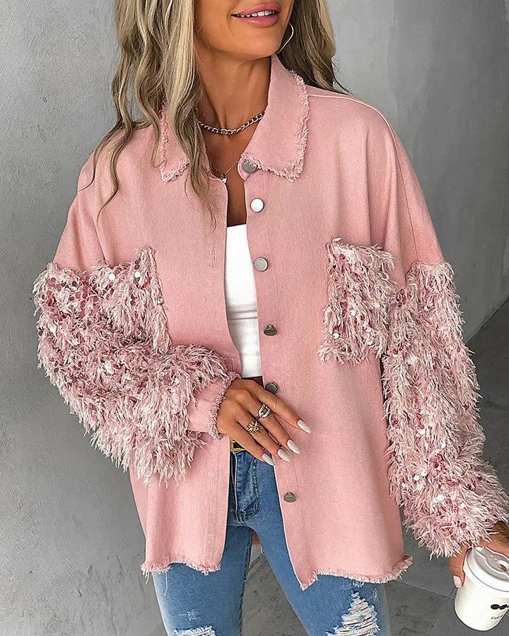 Maya | Contrast Sequin Tassel Fuzzy Patchwork Shacket