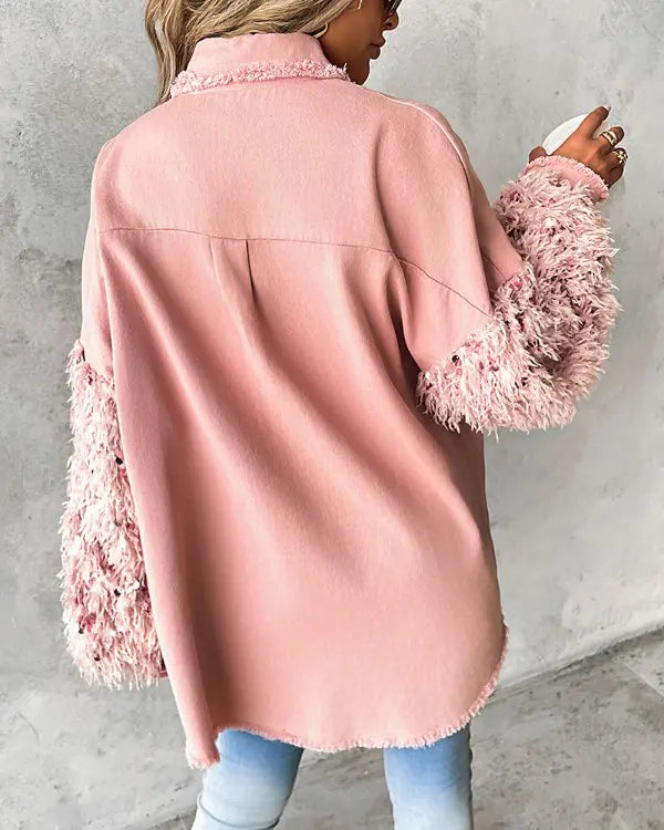 Maya | Contrast Sequin Tassel Fuzzy Patchwork Shacket
