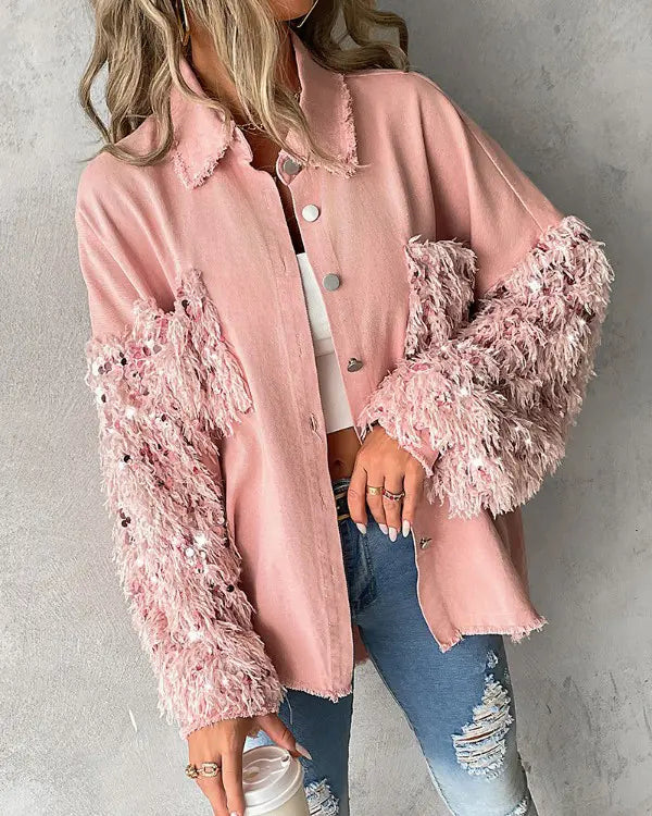 Maya | Contrast Sequin Tassel Fuzzy Patchwork Shacket