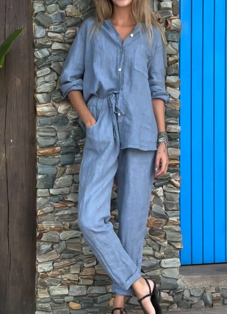 Amara™ | Casual Solid Color V-Neck Shirt & Pants Cotton Linen Two-Piece Set